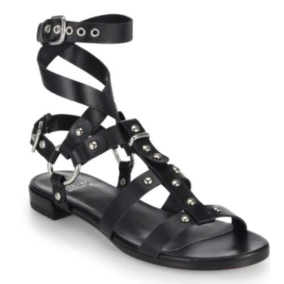 Stuart Weitzman Shoes - Stuart Weitzman Black Gladiator Ontherun Strappy Flat Studded Sandals Size 7.5